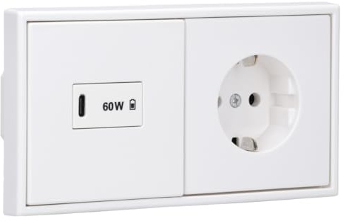 JUNG LS USB-C Schnellladegerät 60W Power Delivery Alpinweiß – USBPD60CWW mit LS1969USBWW Abdeckung + LS1520WW Steckdose + LS982WW Rahmen