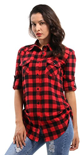 Phorecys Chemisier à Carreaux Chemise Femme Blouse Chic avec Bouton en Flanelle à Manches Longues Retroussée Style de Boyfriend Casual D056 Noir Rouge FR 42-44/L