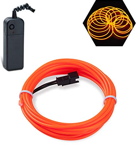 Podazz El Wire 9.8ft/3m Orange, Neon Glowing Strobing Electroluminescent Wire with 3 Lighting Modes, Battery Operated El Light for Halloween Decor, Parties, Xmas Tree, Cosplay, Car Bar Decor