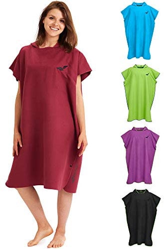 Fit-Flip Poncho Towel - Microfibre Changing Robe Adult - Swim and Surf Beach Robes - Quick Dry Hooded Swimming Towel for Men and Women - size L, Winered