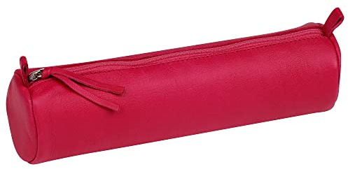Clairefontaine 410162C - Trousse Scolaire Ronde Framboise Ø5,5x22 cm en Véritable Cuir d'Agneau