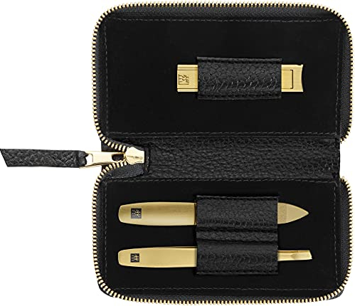 ZWILLING Maniküreset (3 Teilig, Schwarzes Echtleder Etui, Pflege für Hände und Füße, Reiseset, mit Nagelknipser), Premium, Gold Edition