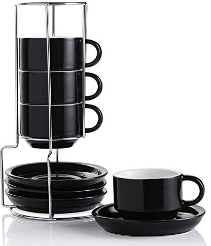 Sweejar Home Porzellan Cappuccino Tassen mit Untertassen und Metallständer, stapelbare Espressotassen für spezielle Kaffeegetränke, Latte, Americano, Tee mit Set von 4 (schwarz, 120ml)