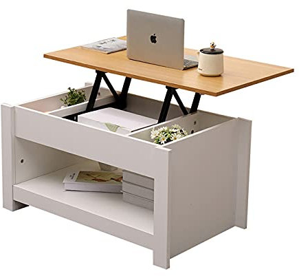 Homemade Design Wooden Coffee Table with Lift Up Top and Shelves 85cm Wide for Living Room,Office, Storage Side Table (white+oak)
