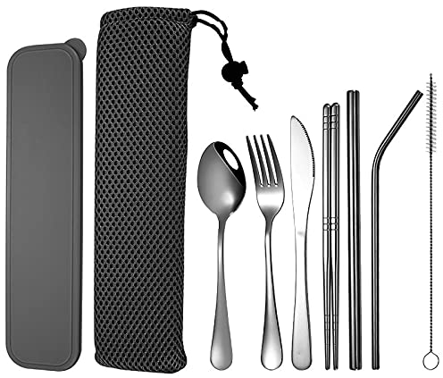 Utensilios portátiles cubiertos de acero inoxidable Set de viaje Camping cubiertos Vajilla para el lugar de trabajo Camping escuela negro