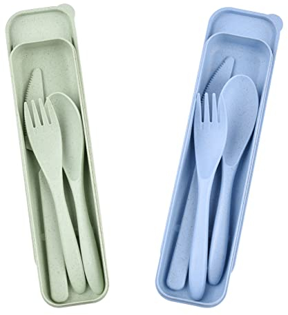 Couvert Plastique Reutilisable avec étui, Couvert Camping Portables, 2 Ensembles Cuillère Couteau et Fourchette en Plastique Couverts pour Lunch Box, Pique Nique et Voyage (Vert+Bleu)