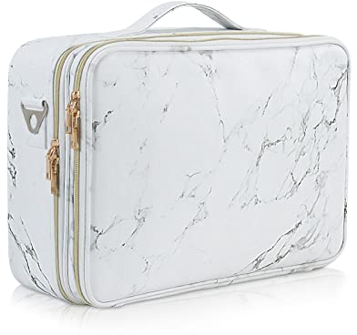 Extra Large Travel Makeup Bag Cosmetic Case Vanity Organiser Beauty Train Case with Shoulder Strap and Dividers Compartment, Marble