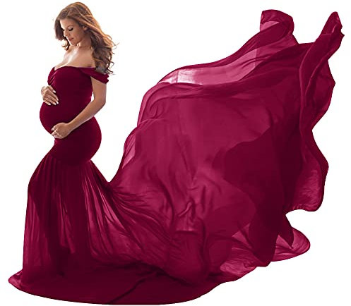 Robe Grossesse Shooting Photo Femme Sexy Elégante Maternité Epaule Dénudé Chiffon Longue Enceinte Costume Photographie Habillée Soirée Vetements Plage Mariage Soireé Cérémonie Vin Rouge Taille Unique