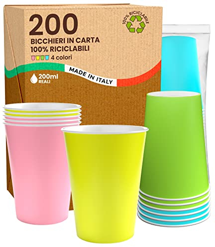 200 Bicchieri in Carta 200ml Ecologici Biodegradabili Monouso Made in Italy Asporto Bevande Calde Acqua - MIX di Colori Verde Giallo Rosa e Celeste - Prodotto e Confezionato in Italia