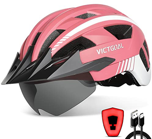 VICTGOAL Fahrradhelm Herren Damen MTB Helm mit Abnehmbarer Magnetische Schutzbrille Visier Atmungsaktiv mit 21 Belüftungskanäle Radhelm Einstellbare Fahrradhelme (L: 57-61cm, Rosa)