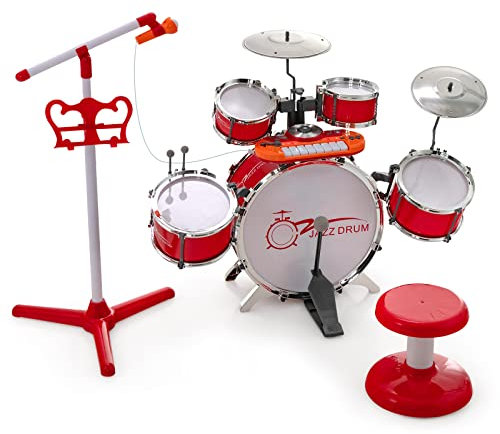 COSTWAY Kids Drum Kit with Stool, 8-Keys Keyboard, Microphone and 2 Drumsticks, Jazz Drum Play Set, Musical Instruments Toy for 3 Years + Boys Girls (Red)