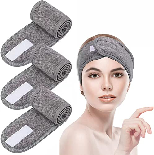 3 Stück Haarband für Make Up,Kosmetik Haarband,Kosmetik Stirnband Frottee,Verstellbare Haarschutzband mit Klettverschluss, für Duschen,Make Up(Grau)