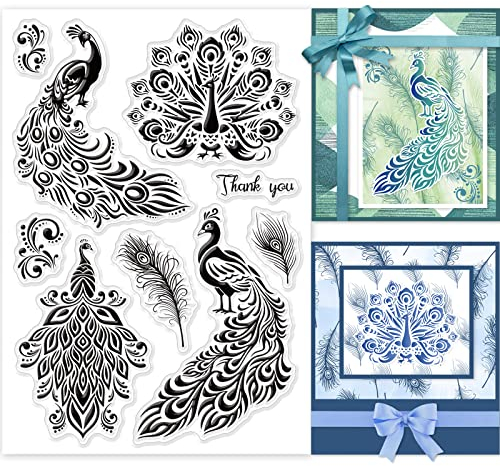 GLOBLELAND Pfau Feder Transparente Silikonstempel Klare Stamps Realistische Tiere Silikonstempel Für Kartengestaltung DIY Prägung Journaling