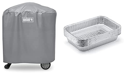 Weber 7177 Grillabdeckung, passend für Q 100/1000 und 200/2000 mit Ständer, Grau, 134.37cm H x 64.01cm B x 87.5cm T & 6415 Small 7-1/2-Inch-by-5-inch Aluminum Drip Pans, Set of 10