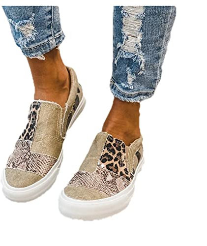 Zapatillas de deporte de moda con plataforma for mujer, diseño de leopardo, zapatos de lona informales con parte superior baja, tacones gruesos de moda, zapatos planos sin cordones for conducir, zapat