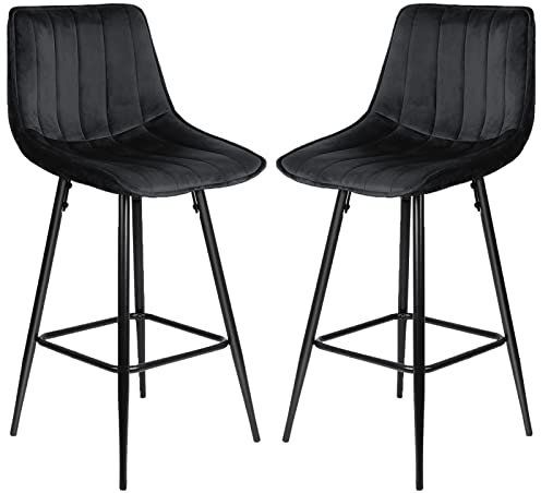 WANZHE 2 Stück Barhocker Design Hochstuhl für Bar Bistro Sitz aus Samt mit Fußstütze Metallrahmen Höhe der Füße 64 cm (2, A, schwarz)