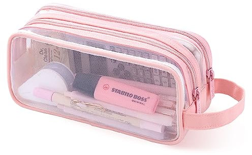 Oyachic Trousse 2 Compartment Pencil Case Transparente Trousses à Crayons Grande Capacité Maquillage Organisateur de Rangement de Adultes (Rose)