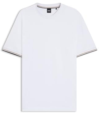 BOSS Herren Thompson 04 T-Shirt aus Baumwoll-Jersey mit Signature-Streifen an den Bündchen Weiß XL