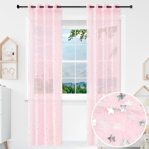 BOD HOME 2 Stück Kindervorhang Transluzent Rosa, 140x260 cm BxH, Kinderzimmervorhang, Dekoration für Kinderzimmer und Zuhause, Kinder, Polyester, Silberne Sterne