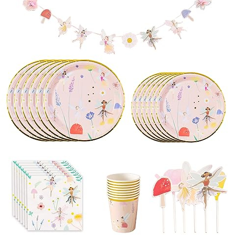 ZOOMPIL Fata dei Fiori Stoviglie Compleanno Set, Posate per Feste di Compleanno Fata, Include Piatti di Carta Tovaglioli Tazze Cannucce Striscione, per Feste di delle Fate, 10 Ospiti