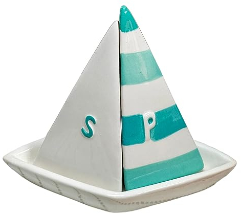 Salt Pepper Set Sail Boat Ceramic Novelty Kitchen Seaside Nautical Shaker Pots
