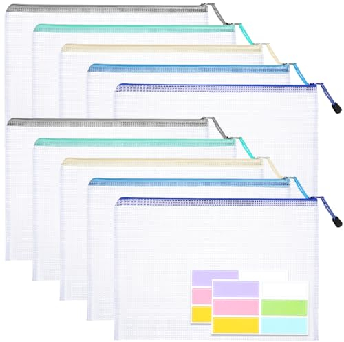 Heyu-Lotus Dokumententasche A4, 10 Stücke Dokumentenmappe mit Wasserfester Aufkleber, Mesh Kunststoff Zipper Beutel für Papier, Dokumente, Datei, Kosmetika, Hausaufgaben (Farbe 1)