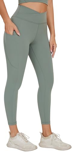 AGONVIN Yoga-Leggings mit überkreuzter Taille für Damen, weiche Sportstrumpfhose mit Tasche Matcha-Grün XXL