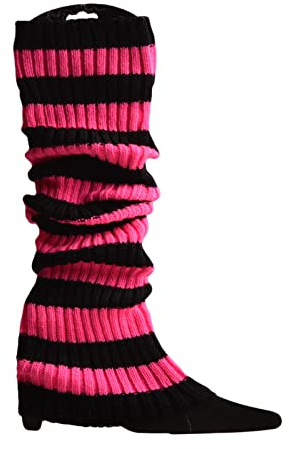 KieTeiiK Beinstulpen für Damen, Junioren, gerippt, gestrickt, bunt gestreift, lange Stiefel, Socken, dehnbar, Fußabdeckung für 80er-Jahre-Party, Sport, Rosarot, Schwarz, 17.72in