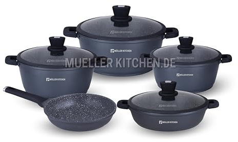 Juego de utensilios de cocina de aluminio fundido a presión Muller MK-3031 (9 piezas, revestimiento antiadherente, tecnología alemana, inducción superior)