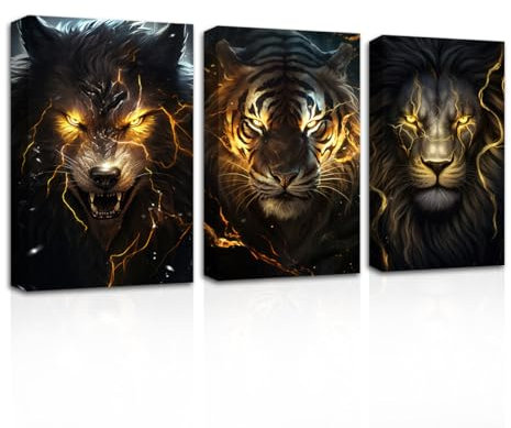 CXHOSTENT Schwarz und Gold Tiere Leinwand Wandbilder 3 Stück Tiger Löwe Wolf mit Goldaugen Kunstdrucke Wildtierbilder gerahmt (A, 40.00 x 60.00 cms x 3PCS)