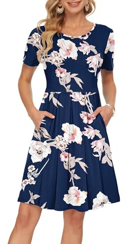 AUSELILY Summer Dresses for Women UK Floral Midi Casual Short Sleeve Pleated Loose Swing Dress with Pockets Sapphire Flower L