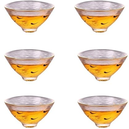 Honheam 6 x Glasbecher mit goldfarbenem Rand, japanische Teetasse, kleine Glas-Teetasse, Kung-Fu-Teetasse, Teeschale, 6er-Set, Mini-Wasserbecher für grünen Tee, Oolong, Pu'er (A)