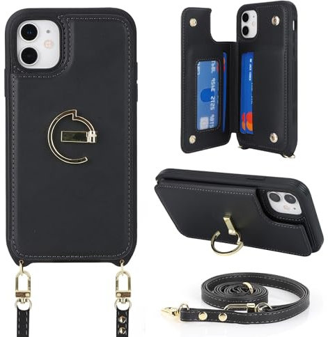 Havaya Coque pour iPhone 7 Plus avec Cordon Étui iPhone 8 Plus avec Porte Carte Portefeuille avec Anneau béquille Réglable Collier Housse Etui pour Femmes - Noir