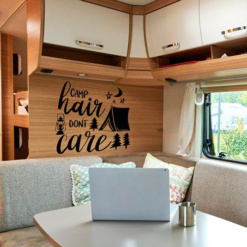 GRAZDesign Wandtattoo Sprüche Camp hair don't care Camping, Camper, Reise für Wohnzimmer, Flur, Wohnmobil Innen und Außen - 65x57cm / weiss