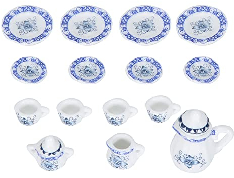 Generic Mini Juego de té, Accesorios de Casa de Muñecas en Miniatura, Juego de té de Porcelana, 15 Piezas, Tetera de Flores, Tazas, Platos, Colección de Decoración, Casa de Muñecas,