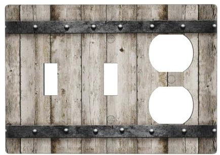Vintage Retro Western Scheunentür Holz 3-Gang Kombination Wandplatte 2 Kippschalter 1 Duplex Steckdose Abdeckung Küche Landhausstil Dekorative Combo Gerät Lichtschalter Blende Abdeckung