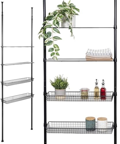 bremermann Teleskop-Regal mit 2 Körben 2 Ablagen, Badregal, Waschmaschinenregal, Allzweckregal für viele Wohnbereiche geeignet, Teleskop-Stange höhenverstellbar bis max. ca. 290 cm (Schwarz)