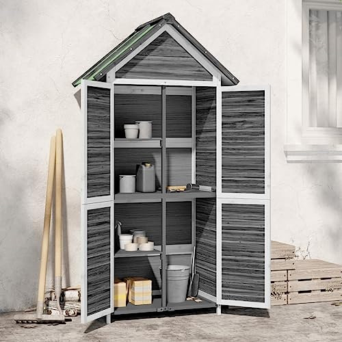 Homgoday Geräteschuppen Gartenschrank Geräteschuppen Werkzeugschrank Holzschuppen Holzhaus mit Schrägdach Lagerschuppen für Garten Terrasse Balkon Grau 89x52,5x175 cm Massivholz Kiefer