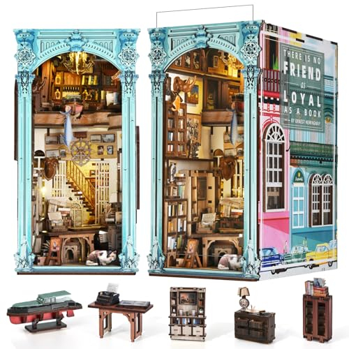 MiniCity Book Nook Kit, DIY Miniatur Puppenhaus Booknook Kit, 3D Holz Puzzle Buchstütze Bücherregal einfügen Dekor für Jugendliche und Erwachsene(Hemingway-Haus)