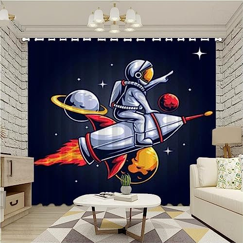 3D Kinderzimmer Verdunkelungsvorhänge 2 X 150 X 280 cm Astronautenplaneten-Raumschiff,Verdunkelungsvorhang 3D-Druck Schlafzimmer Wohnzimmer Wärmeisolierte Öse Vorhänge -Esszimmervorhänge - -8W6T3S5F2