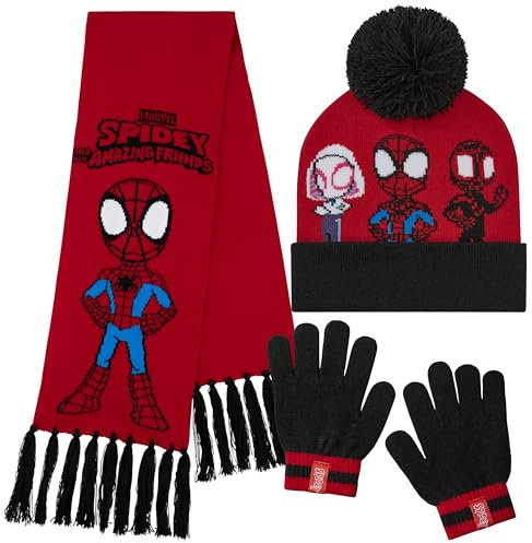 Marvel Mütze Jungen Winter Set, warm und bequem - Geschenke für Jungs(Rot/Schwarz Spidey 3 Stück)