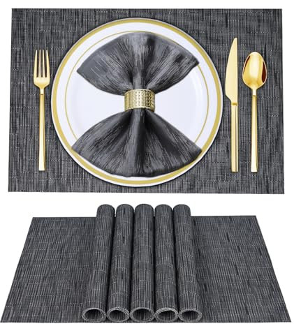 LIFEWAER Tovagliette Colazione Plastica Set di 4 Tovagliette Americane Lavabili Tovagliette Personalizzate Sottopiatti Pranzo per Tavolo da Cucina,S02 Nero