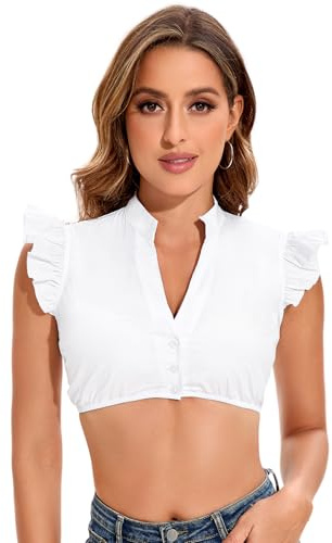 Goxozzy Dirndl Bluse Damen Flügelärmel Baumwolle V Ausschnitt Oktoberfest Trachtenbluse Weiß Größen 34-44