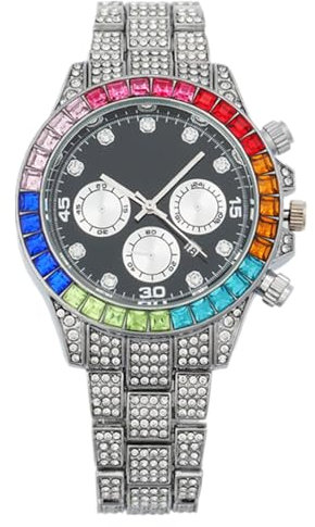 JOATVEE Luxus Bling-ed Out Buntes Zifferblatt Voll Diamant Hip Hop Rocks Uhren Mode Quarz Analog Edelstahl Armband Armbanduhr