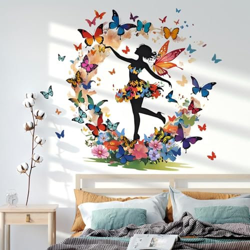 Schmetterling Mädchen Wandaufkleber, Blume Fee Wandabziehbild, bunte florale Wandgestaltung bunte Schmetterlinge Wanddekor DIY abnehmbare Vinyl Wandkunst für Mädchen Baby Kinderzimmer Schlafzimmer
