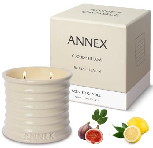 CLOUDY PILLOW : Feigenblatt & Zitrone Duftkerzen - Annex Handgefertigte Kerzen Aus Keramik | Scented Candle Sojawachs, Duftwachs, Kerzenfresser & Massagekerze | Weiße duftkerze, 50 Stunden Brenndauer