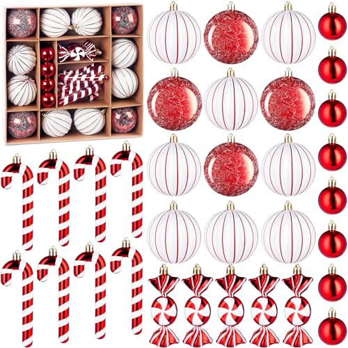 BRUBAKER 33-TLG. Weihnachtskugel Set - Anhänger für Weihnachtsbaum | Christbaumschmuck mit Kugeln, Zuckerstangen und Bonbons - Moderner Baumschmuck - Baumkugel Weihnachtsbaumschmuck - Rot Weiß