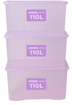Wham Plastic Storage Boxes With Lids 110 L Home Office Stackable Nestable Container Box, Easy fit Durable Protective Storage Box, 79.5 x 39.5 x 42 cm - Tint Lilac (Set of 3)