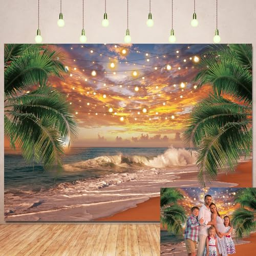 Strandhintergrund, tropische Palme, Sonnenuntergang, Fotografie-Hintergrund, Sommer, Strand, Ozean, Wellen, Urlaub, Party, Dekoration, Fotoautomaten-Requisiten (2,7 x 1,5 m)