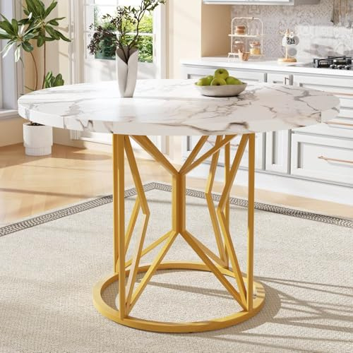PUGSDRLY Table a Manger Ronde 100×100×76cm,Table de Cuisine avec Pieds en Métal et Plateau en MDF Marbré,Tables Basse Ronde pour 4-6 Personnes,pour la Salle à Manger,Salon,Balcon (Style-2 100cm, Or)